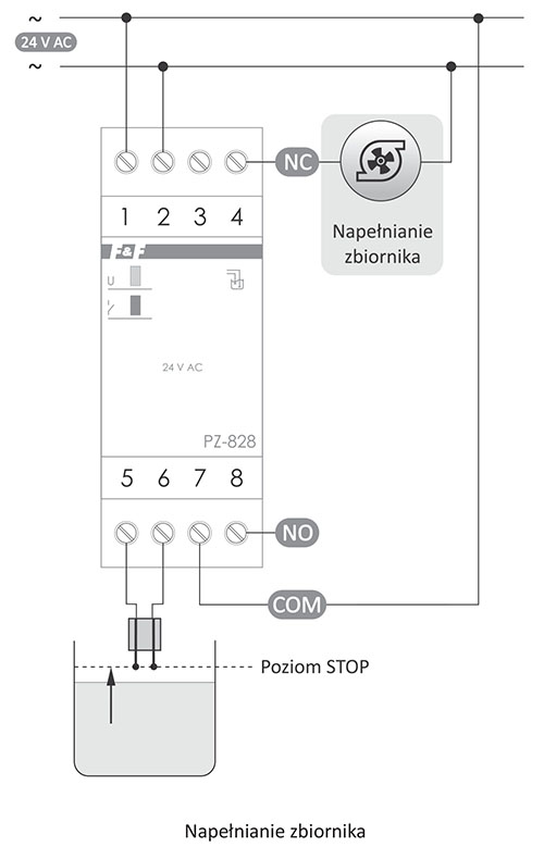 Przekaźnik poziomu cieczy - schemat podłączenia